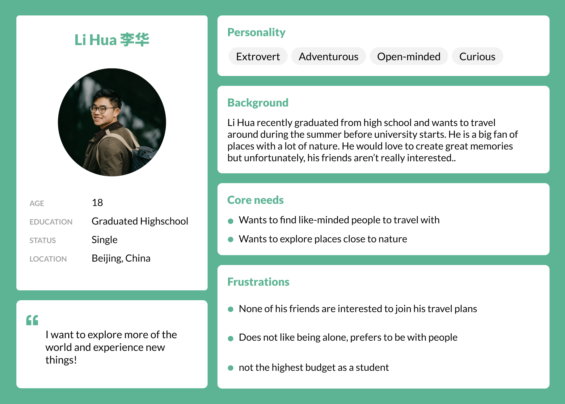 Persona card for Li Hua, an 18-year-old extroverted recent high school graduate from Beijing who wants to find like-minded travel companions to explore nature